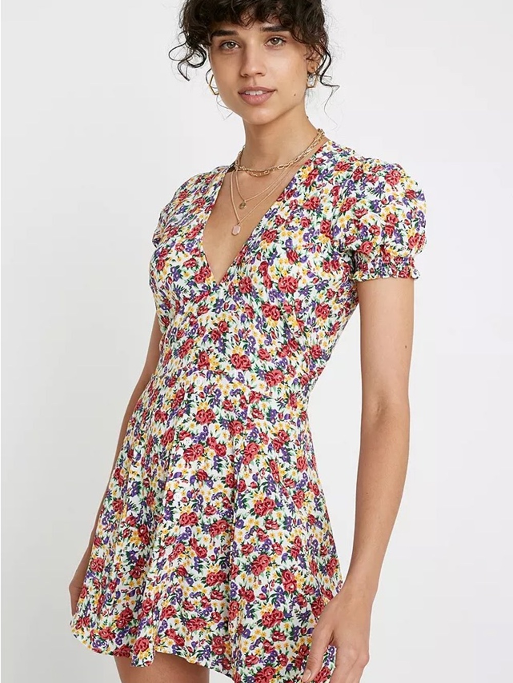 Faithfull The Brand Floral V-Neck Puff Sleeve Mini Dress Size 6